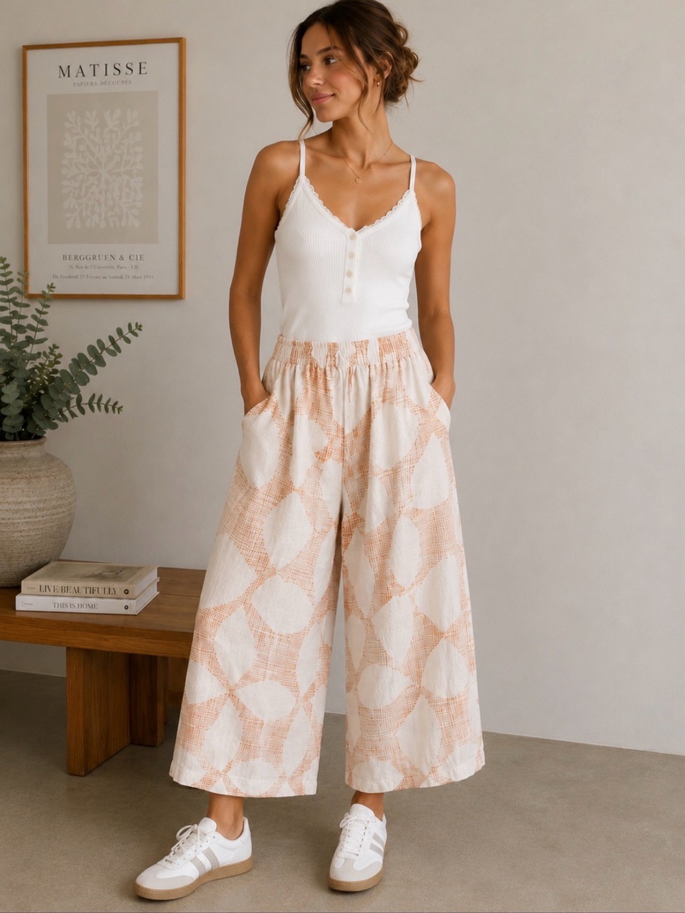 Joie Cream & Peach Wide-Leg Printed Pants